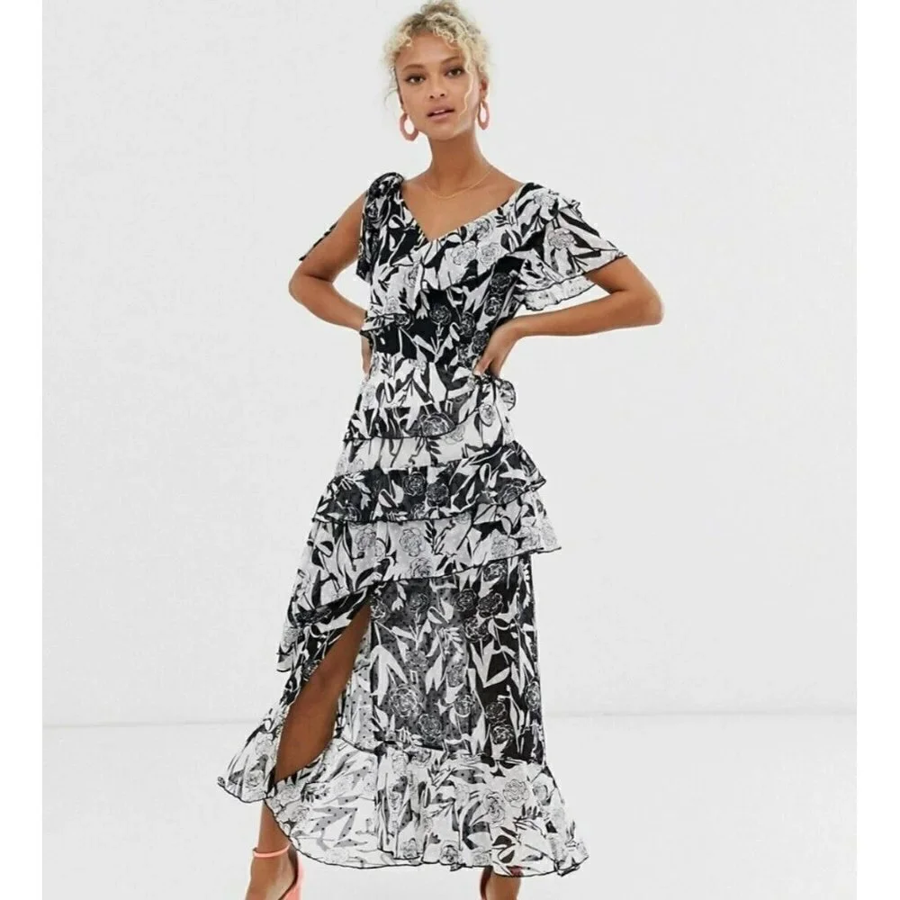 Dark Pink Deconstructed Midi Tea Dress Black White Layered Ruffled Sz US 2 /UK 6